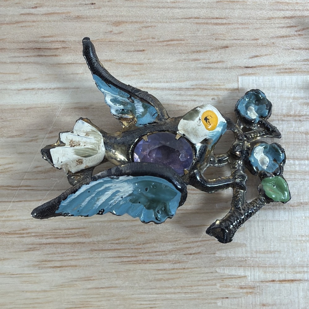 Vintage Hand Painted Plastic Celluloid Love Birds Jewel Belly Figural Pin Brooch - Picture 2 of 7
